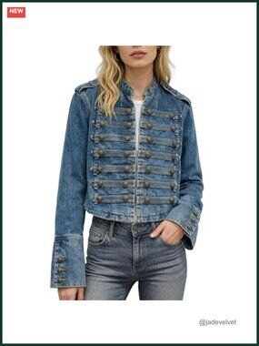 Women's Military Denim Jacket Steampunk Vintage Gothic Coat Double Breasted